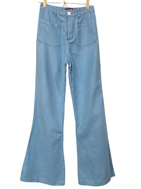 STAUD Linen Flare Pants In Blue Size 2